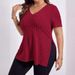 Spring/Summer Solid Color Plus Size Women's V-Neck Short-Sleeve Collar T-Shirt With Pleated Front And Split_ecoleips.com