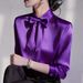 Summer Elegant Bow Tie Collar Long Sleeved Shirt for Women Versatile Stylish Blouse Regular Fit Polyester England Style Fashion_ecoleips.com