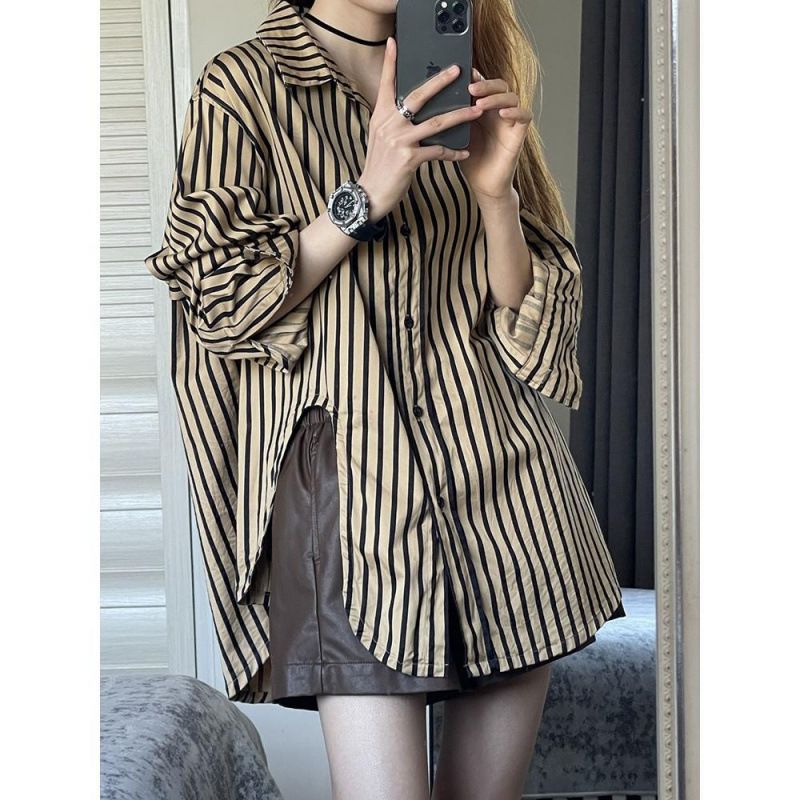Elegant Striped Slit For Women, Spring And Autumn 2025 New Style, Loose-fitting Shirt With A Unique Design, Niche Top_ecoleips.com