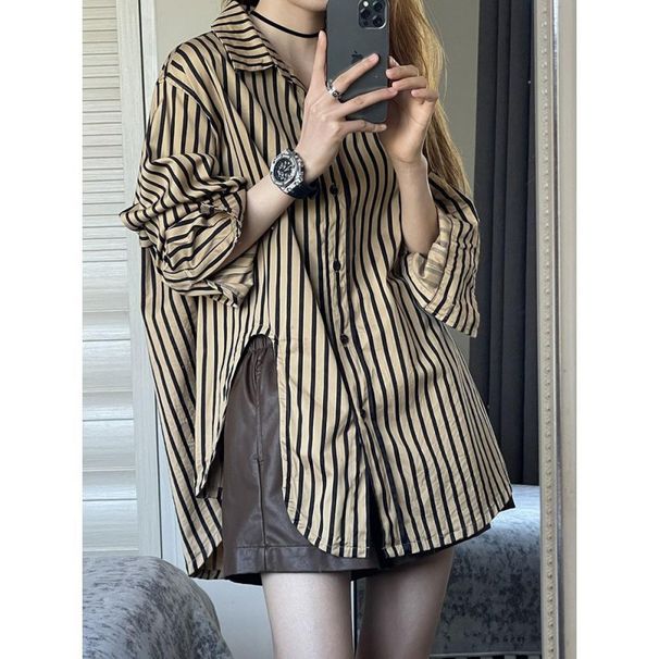 Elegant Striped Slit For Women, Spring And Autumn 2025 New Style, Loose-fitting Shirt With A Unique Design, Niche Top_ecoleips.com