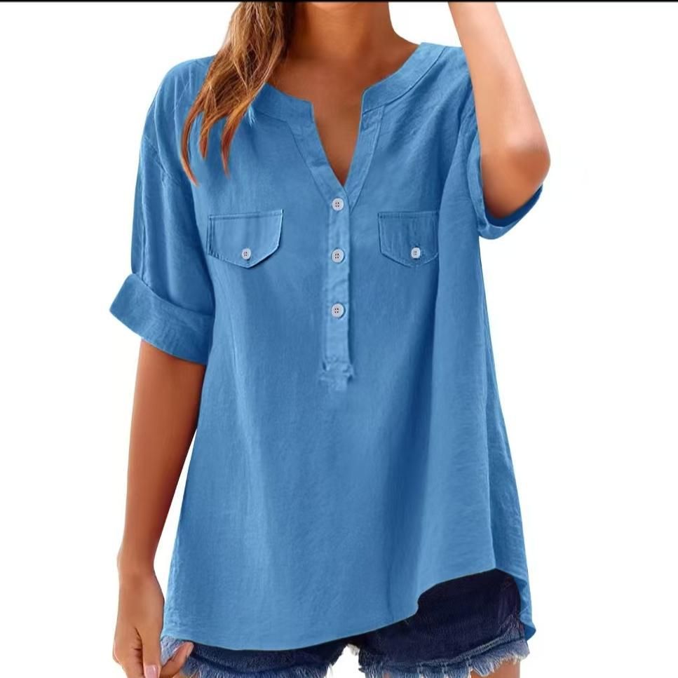 2025 New Foreign Trade Bamboo Cotton Solid Color Plus Size Fashion Casual Short Sleeve Women's Shirt_ecoleips.com