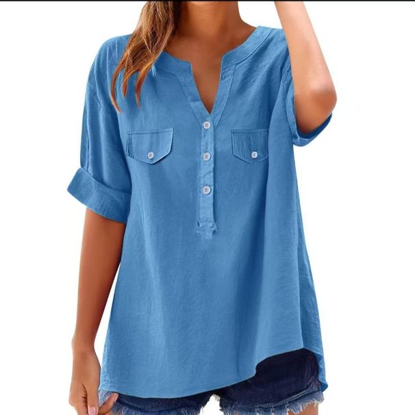 2025 New Foreign Trade Bamboo Cotton Solid Color Plus Size Fashion Casual Short Sleeve Women's Shirt_ecoleips.com