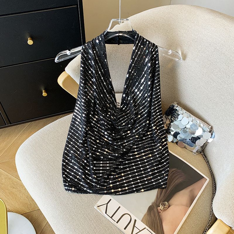 Summer New Arrival Women's Sexy Halter Neck Backless Sequined Short T-Shirt Real Photos in Stock 2025 Fashion Top for Ladies_ecoleips.com
