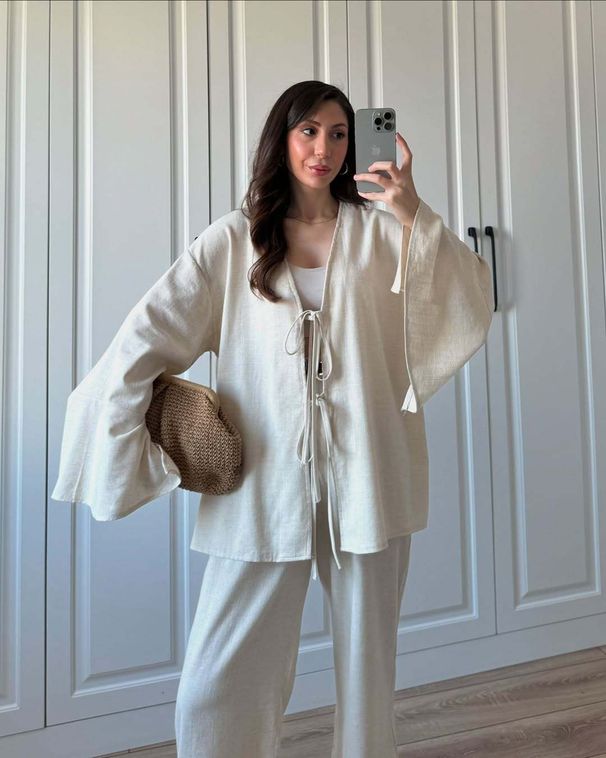 Fashionable Loose plus Size Women's Clothing Set Long Sleeved Tie Waist Shirt Cardigan Trousers_ecoleips.com