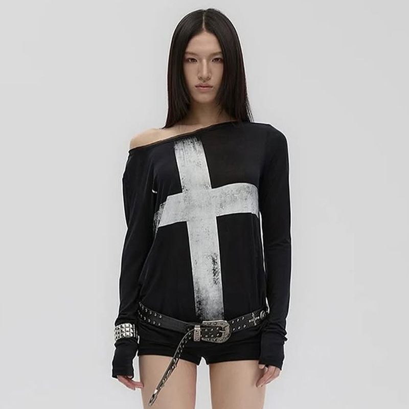 Summer Women's Cross Print Loose Fitting off Shoulder Neck Gathered Long Sleeved T-Shirt Top by Cross Border 2025_ecoleips.com