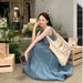 Korean Chic Summer Niche Style Round-neck Sleeveless Backless Tie-up Casual Loose Denim Tank Dress_ecoleips.com