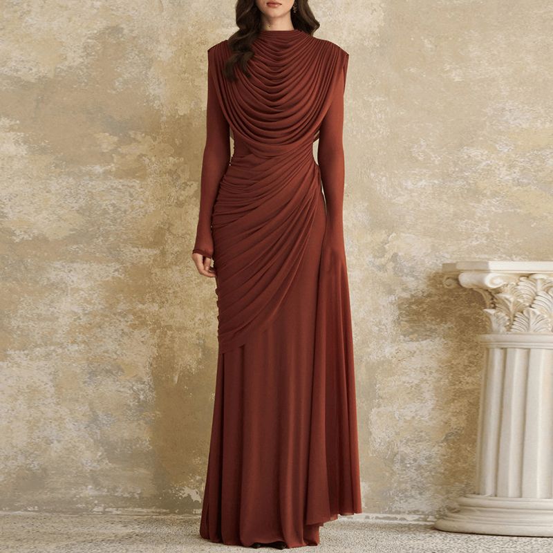 Vintage Solid Color Slim Fit Commuting Dress Casual O-neck Long Sleeved Party Dress New Temperament Pleated Women Maxi Dresses_ecoleips.com