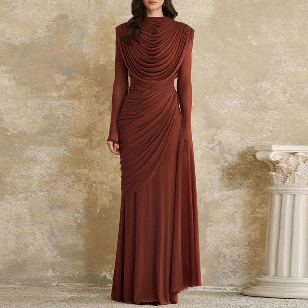 Vintage Solid Color Slim Fit Commuting Dress Casual O-neck Long Sleeved Party Dress New Temperament Pleated Women Maxi Dresses_ecoleips.com