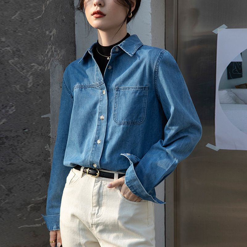 Women's Clothing New Spring Style Blue Jacket Loose Shoulder Style Layered French Shirt Long Sleeves_ecoleips.com