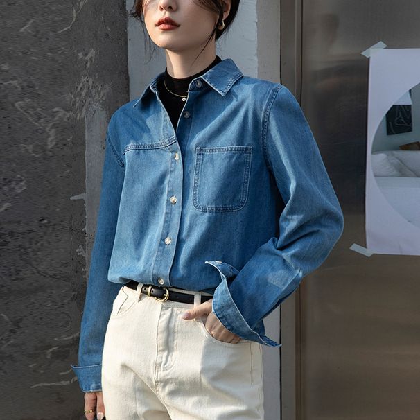 Women's Clothing New Spring Style Blue Jacket Loose Shoulder Style Layered French Shirt Long Sleeves_ecoleips.com