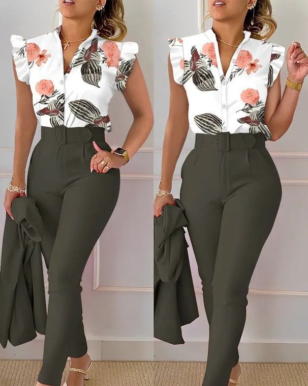 2024 New Casual Fashion Slim Fit Printed Ruffle Sleeve Single-Breasted Top Solid Color Pants With Belt Set For Women_ecoleips.com