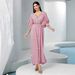 Ba3072: An Elegant Long Dress For Women In Cherry Blossom Pink Color, Featuring A V-Neck Design And Hand-Sewn Diamonds._ecoleips.com