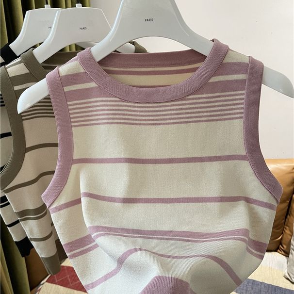 Fashion Stripe Blocking Korean Style Knitted Striped Crop Tops 2026 Sexy Short Top Women's Sleeveless O Neck Versatile Tank Tops_ecoleips.com