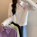 Real Shot Of Cotton Short POLO Collar Sweatshirt Women, Autumn Loose Slim-fit Thin Pullover Top With Long Sleeves,_ecoleips.com