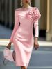Elegant Women's Slim Fit Dress Solid Color Round Neck 3D Floral Decoration Party Dress Summer New Arriva_ecoleips.com