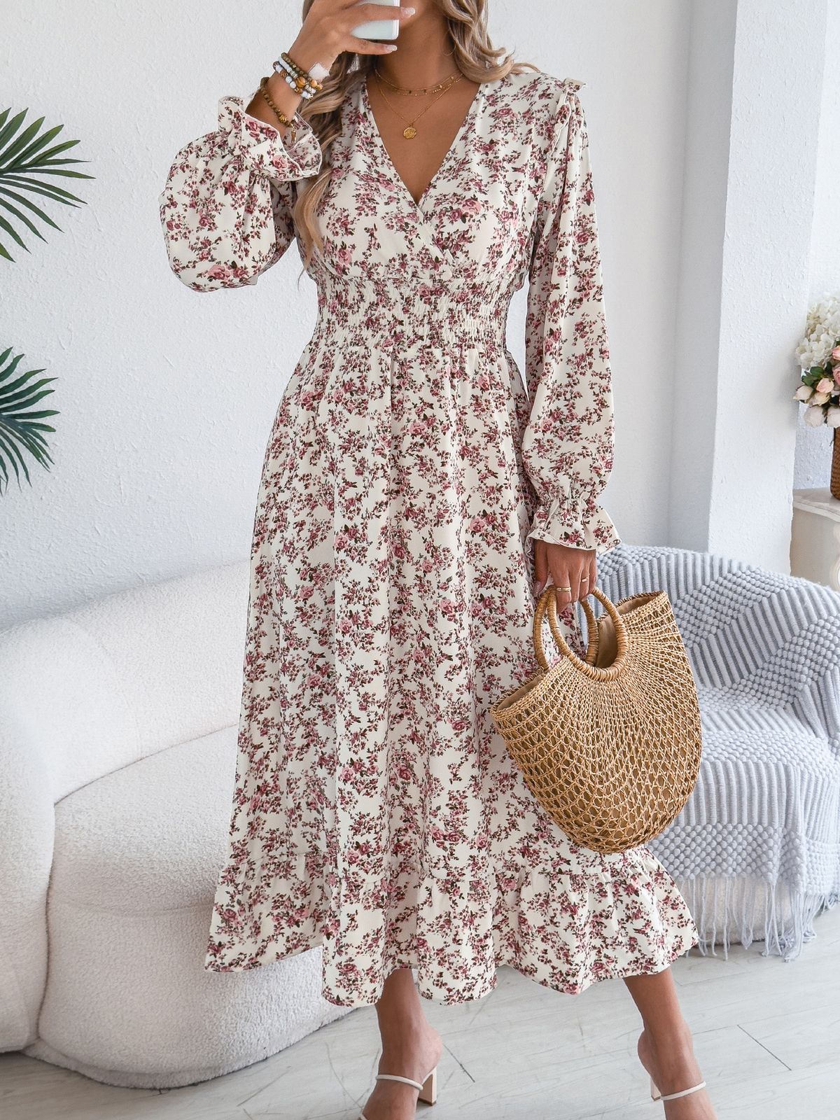 2026 Spring/Summer European And American Elegant Floral Cross V-Neck Waist-Cinching Ruffle Long Dress Independent_ecoleips.com