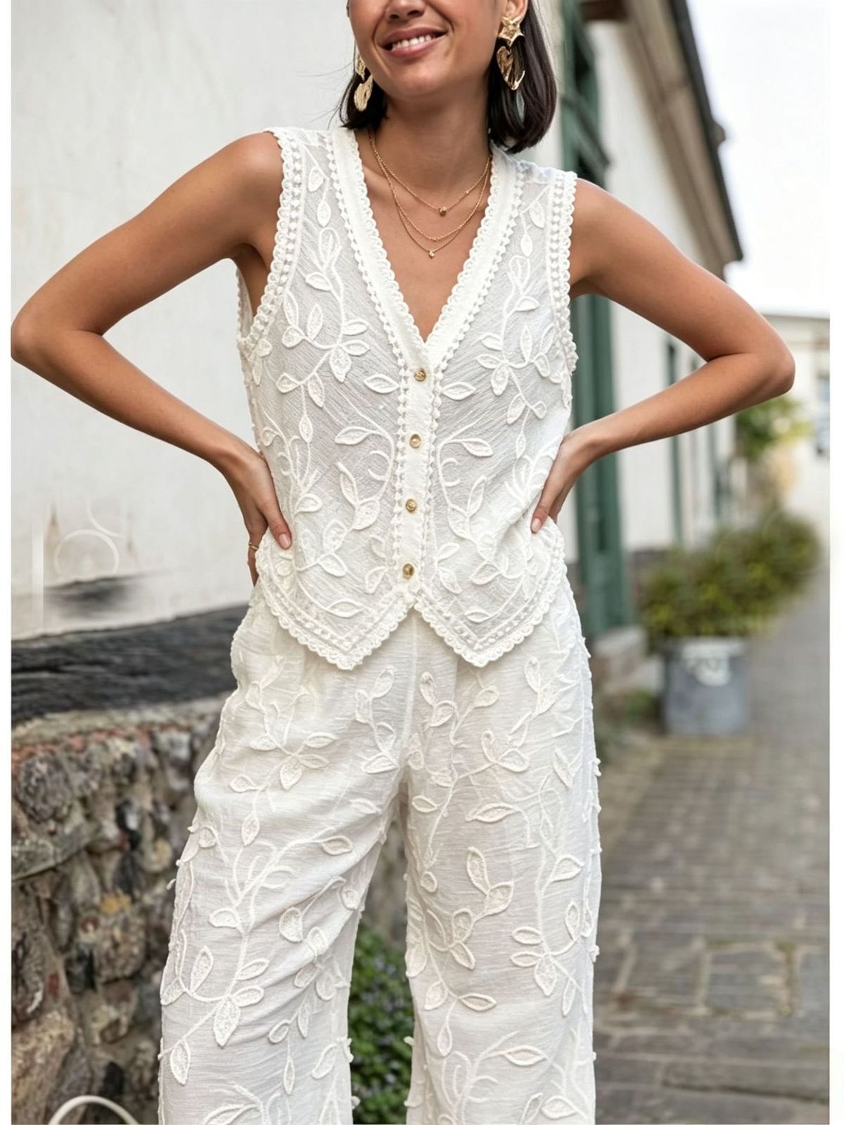 White Vest Set GY27086 European American Style Summer Vacation Leisure Embroidered Jacquard Women's Clothing_ecoleips.com