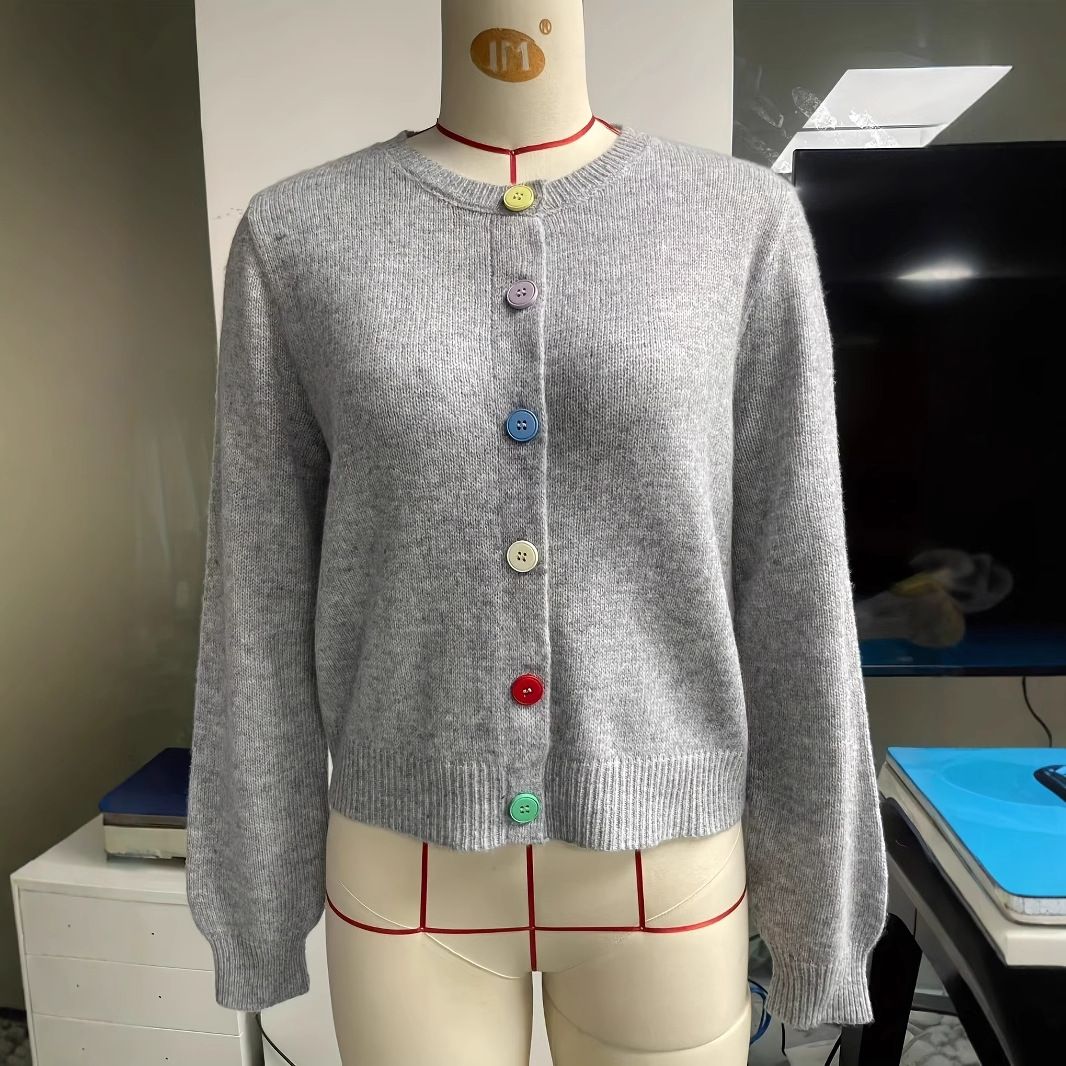 2025 Spring And Autumn Cross-Border Colorful Button Knit Cardigan, Casual Versatile Long-Sleeve Knitwear For Women,_ecoleips.com