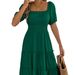 Real Shot Of 2026 Spring/Summer European And American Solid Color Square-neck Short-sleeve Ruffled Hem Dress,_ecoleips.com