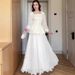 Regal Long Sleeve Dress Set – Vintage-Inspired Poly-Cotton Maxi Dress With Square Neck (S-XXL, White/Purple)_ecoleips.com