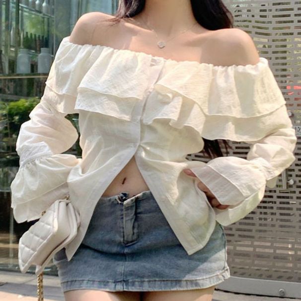 Women's 2025 Spring/Summer New Fashion Ruffled Breathable Off-Shoulder Slim-Fit Shirt With Stylish Design And Slimming_ecoleips.com