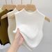 Women's Summer Solid Color Knitted Sweater Base Shirt With Half-high Collar, Wide Shoulder Straps, Short Sleeveless Tank_ecoleips.com
