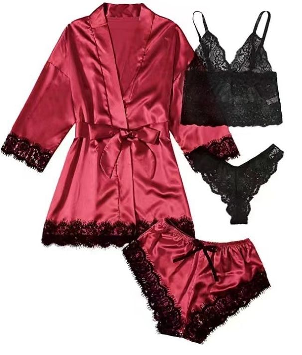 Aria Basics New European And American Style Homewear Pajamas 4-Piece Lace Satin Camisole Women's Summer Set Robe Shorts Wholesale_ecoleips.com