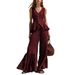 Women's Linen Ruffled Wide Leg Pants V Neck Button Up Top Resort Fashion Set New_ecoleips.com