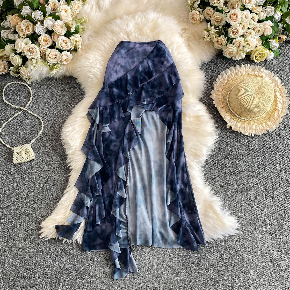 Ethereal Resort Maxi Skirt With Asymmetric Hem, Flowing Ribbon Ties, And Ruffle Detail, Dopamine-Inspired Ombre Dye For Women_ecoleips.com