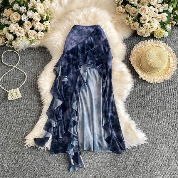Ethereal Resort Maxi Skirt With Asymmetric Hem, Flowing Ribbon Ties, And Ruffle Detail, Dopamine-Inspired Ombre Dye For Women_ecoleips.com
