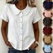 Women's Solid Color Peter Pan Collar Shirt Casual Loose Fit Cotton Linen Blend Short Sleeve Top For Summer_ecoleips.com
