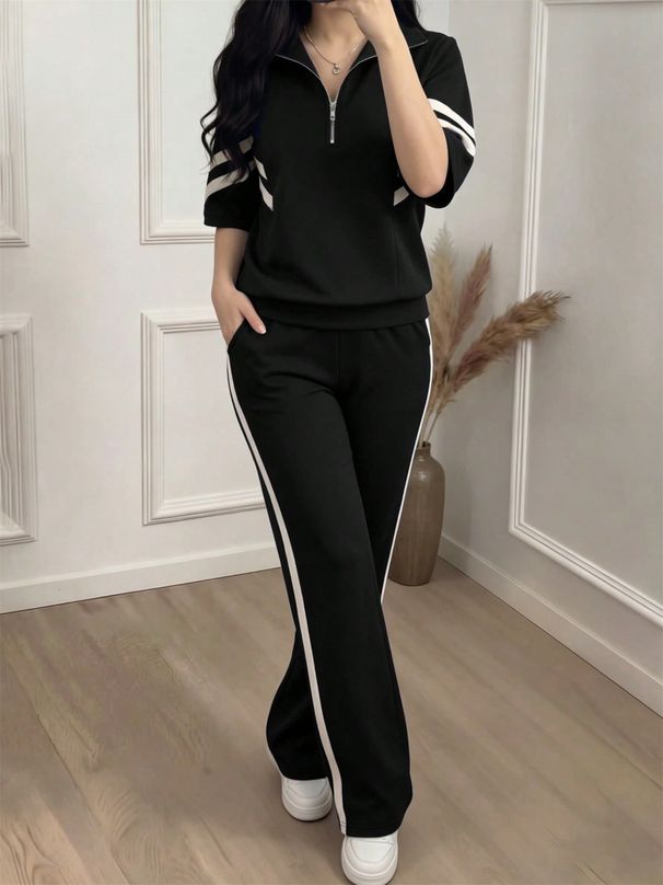 Women's 2-Piece Short Sleeve Outfit Set Summer Spring Casual Tops And Pants Comfortable Stretch Knit Daily Wear Black_ecoleips.com