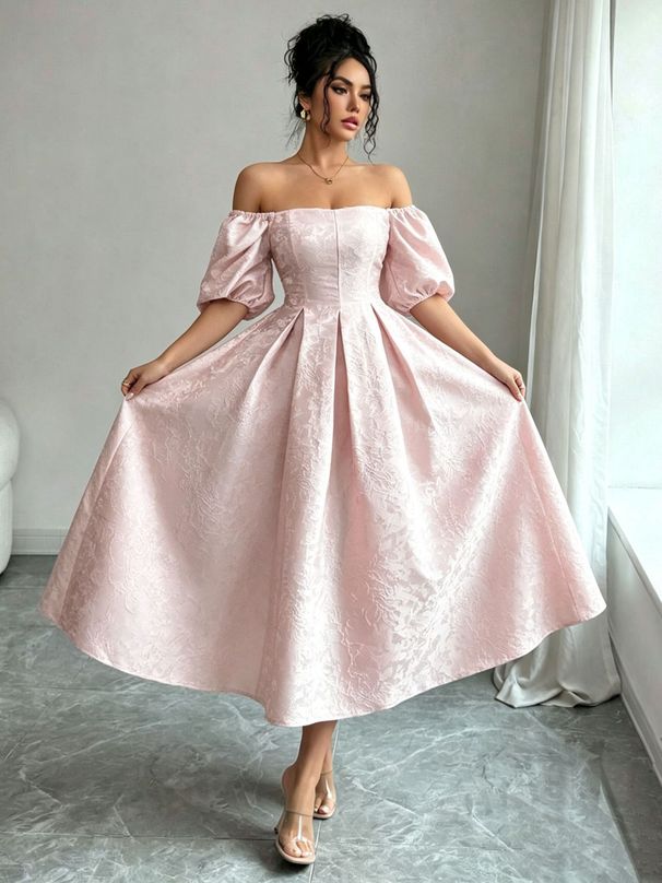 French Retro Satin Jacquard Midi Dress Square Neck Puff Sleeves Fitted Waist Full Skirt New Arrival 2026 Women's Party Wear_ecoleips.com
