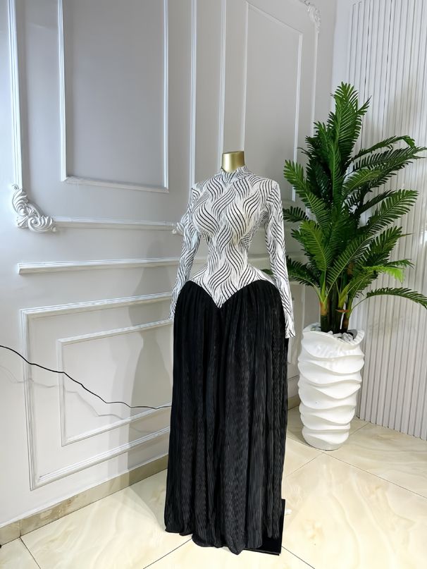 Women's Clothing Elegant Women's Long Sleeve Patchwork Pleated Dress - Stand Collar Slim Fit For Office & Evening Wear_ecoleips.com