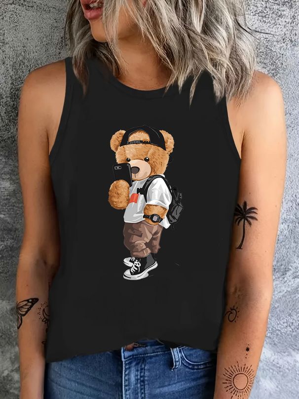 Popular Bear Tshirt Printed Vest T-shirt Print Tank Top Women’s Sleeveless Crew Neck Casual Top Tee_ecoleips.com