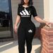 Women's Slim-Fit Printed T-Shirt & Pants Set - Stretch Polyester, Office To Casual, S-Xxl, Black Sleek Silhouette_ecoleips.com