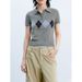 Women's Preppy Short Sleeve Cropped Sweater French- Inspired Argyle Polo Knit Top with Collar Detail_ecoleips.com