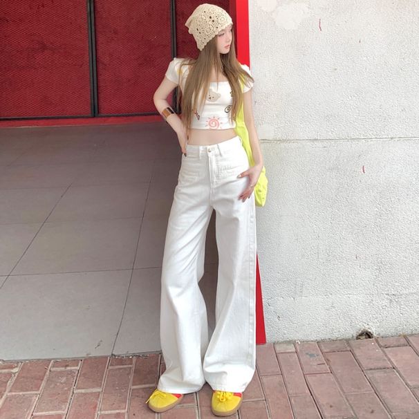 American-style Unique Open-pocket Design White Wide-leg Jeans For Women, High-waisted, Loose-fitting, Drapey_ecoleips.com
