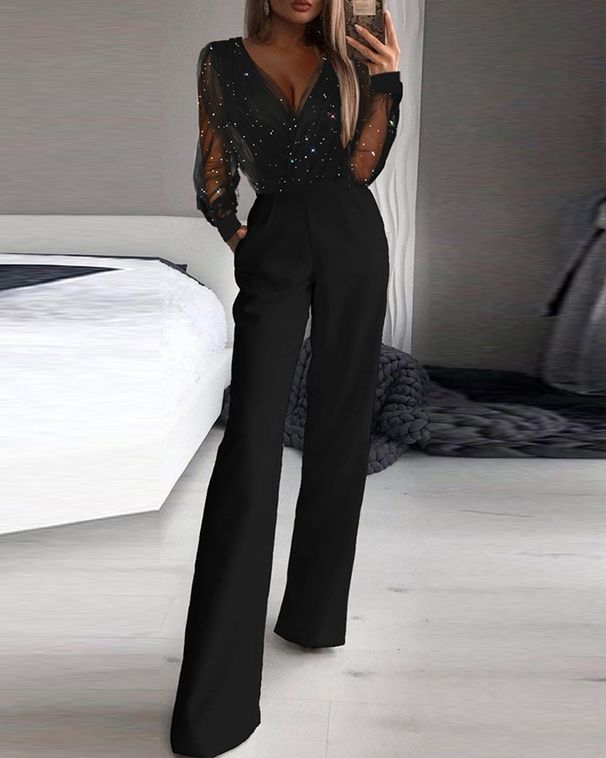 Women's clothing ready-made mesh jumpsuits with powdered splicing_ecoleips.com