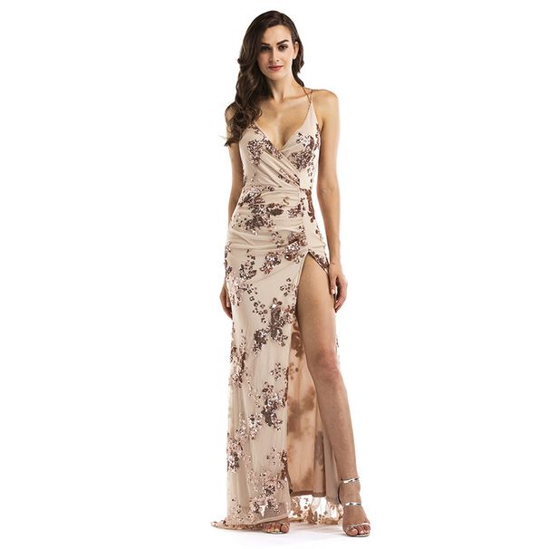 Women's Clothing Sexy V-Neck Backless Sequin Long Evening Gown With Slit, Elegant Sleeveless Party Dress For Women, Floral Embroidery Formal Dress_ecoleips.com