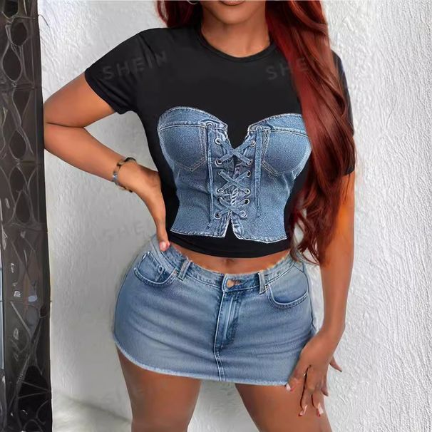 Women's Clothing Navel T-Shirt European American Style New Arrivals Print Short Sleeves Top For Ladies_ecoleips.com