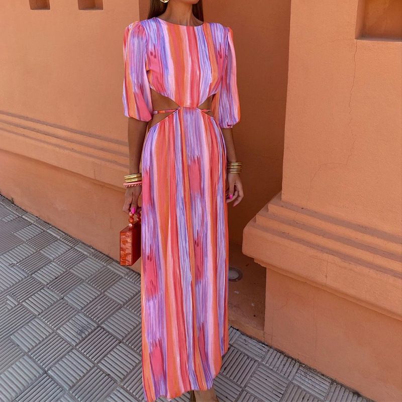 Tie-Dye Summer Dress For Women - Sleeveless Backless Wrap Design With High Waist & Round Neck_ecoleips.com