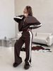 Casual Women's Color Matching Suit, Long-sleeved Zipper Cardigan Jacket, Lace-up Striped Pants, Two-piece Set_ecoleips.com