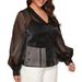 Women's Plus Size Patchwork Shirt American Style See Through V Neck Long Sleeve Loose Top_ecoleips.com
