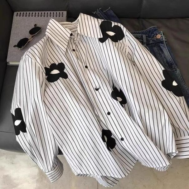 Bohemian Floral Print Loose Fit Long Sleeve Blouse For Women – Stylish & Versatile Casual Top With Stripe Accents_ecoleips.com