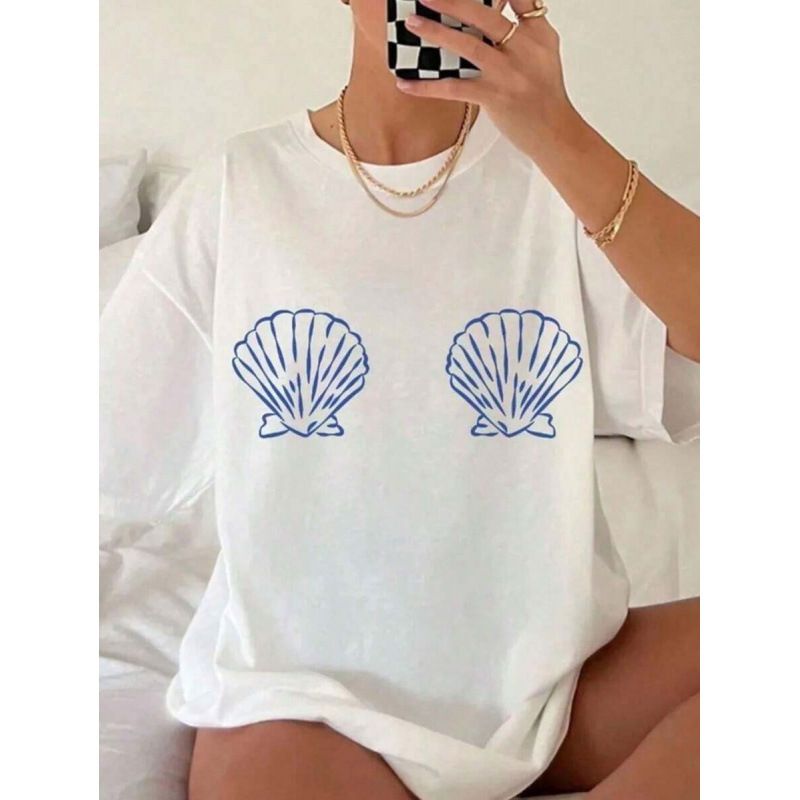 European Size Pure Cotton Women's White Blue Tropical Seashell Starfish Print Top_ecoleips.com
