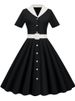 Vintage Turn-down Collar Blue Summer Dress For Women Elegant Short Sleeve Solid Office Party Midi Sundress A-line High Waist_ecoleips.com