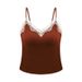 Lace V-neck Ribbed Tank Top With Cups For Women, Thin Shoulder Straps, Brushed Fabric, Skin-friendly, Warm, Slim-fit,_ecoleips.com