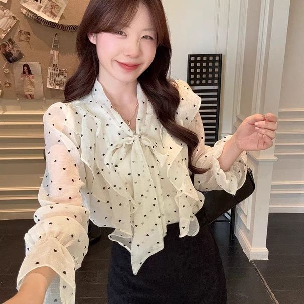 2026 New Design Stylish Polka Dot Ruffle Long Sleeve Shirt Women, Loose Versatile, Suitable For Spring And Autumn,_ecoleips.com