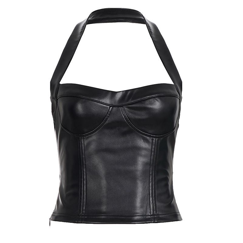 Aria Basics Aria Basics European And American Sexy Hot Girl Street Style Leather Vest Solid Color Trendy Low-Cut Inner Wear Halter Neck_ecoleips.com